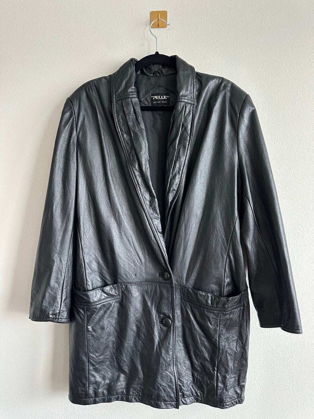 Vintage 90s Pelle Black Leather Blazer Coat Tailored Long Leather Jacket Size M